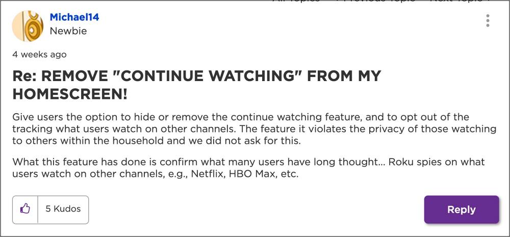 Remove Continue Watching from Roku Home Screen