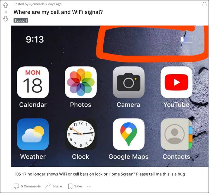 WiFi and Cellular Icons Missing in iOS 17