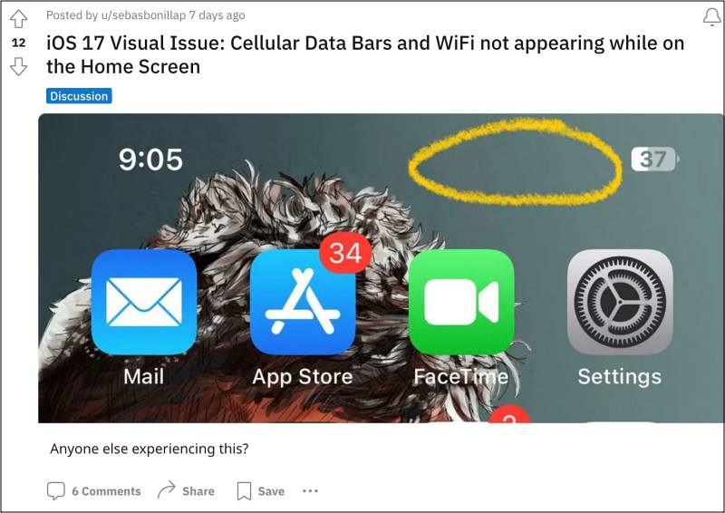 WiFi and Cellular Icons Missing in iOS 17