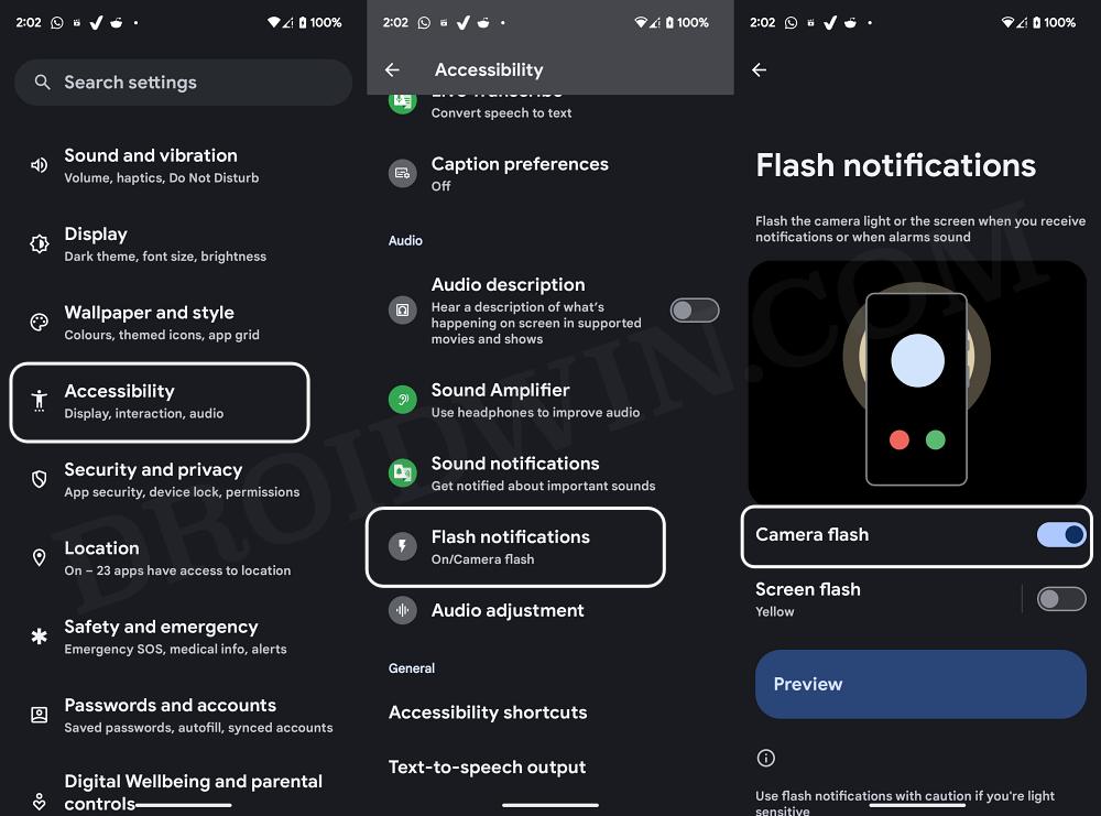 Camera Flash for Notifications on Android 14