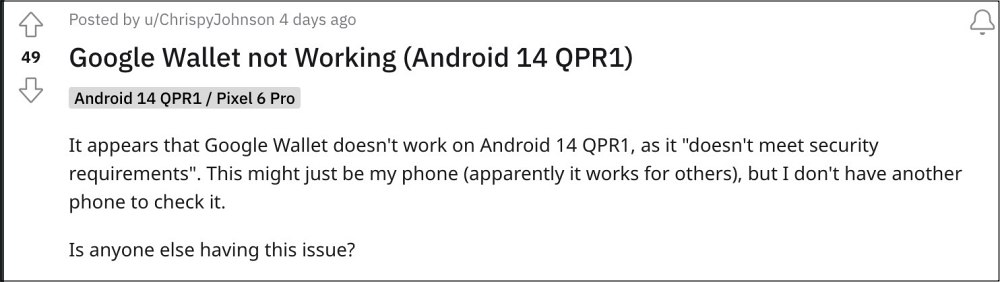 Google Wallet not working on Android 14 QPR1 Beta