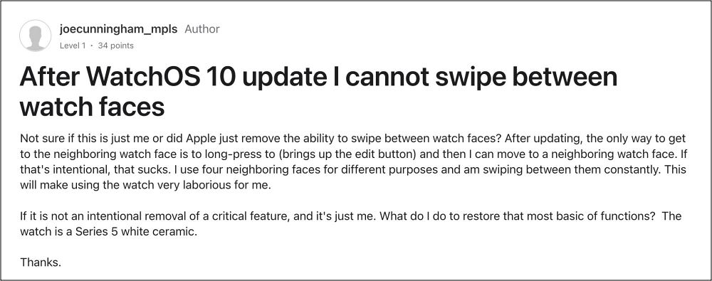 cannot swipe between watch faces on WatchOS 10