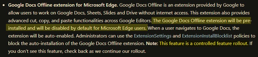 Google Docs Offline extension automatically installed in Edge