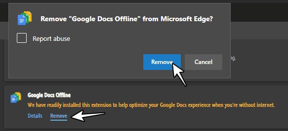 Google Docs Offline extension automatically installed in Edge