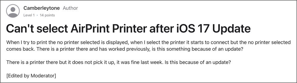 AirPrint Printer not working on iOS 17