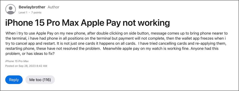 Apple Pay not working on iPhone 15 Pro