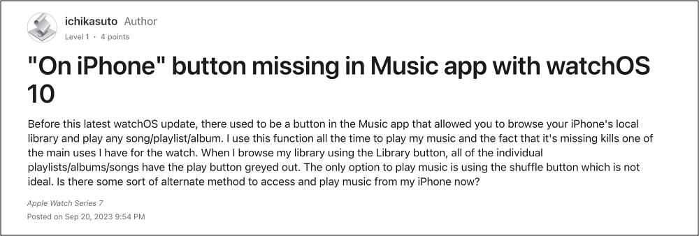 Cannot play songs on iPhone via Apple Watch
