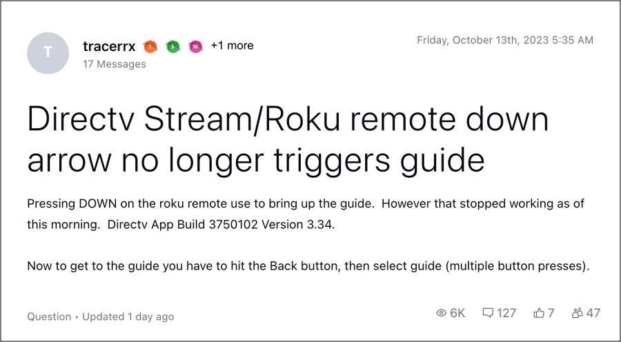 Roku Down Arrow not working with DirecTV Stream