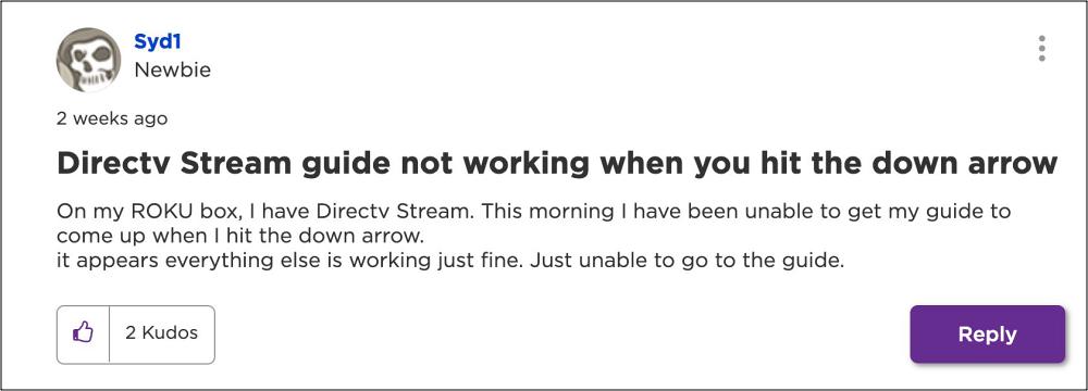 Roku Down Arrow not working with DirecTV Stream