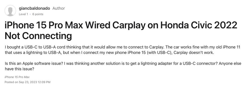 Проводной Carplay iPhone 15 Pro не работает с Honda Civic