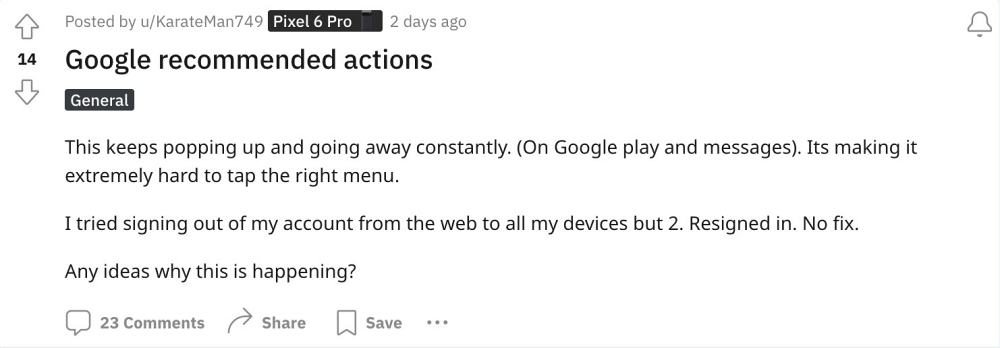 Play Store Recommended Actions pop-up keeps flashing