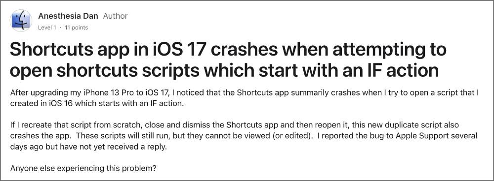 Приложение ярлыков вылетает из-за действия If на iOS 17