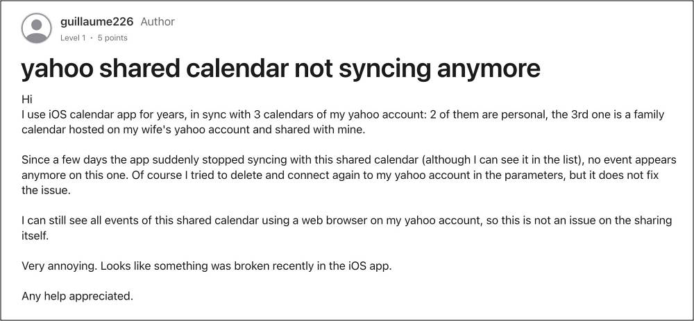 Проблема синхронизации общего календаря Yahoo на iPhone