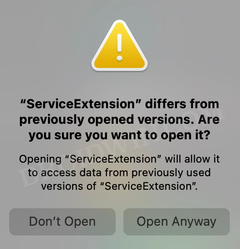 ServiceExtension differs from previously opened versions