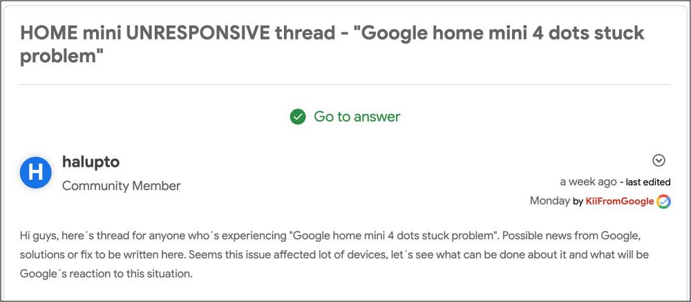 Google Home Mini застрял на 4 точках/индикаторах