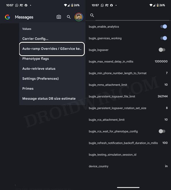 debug menu google messages