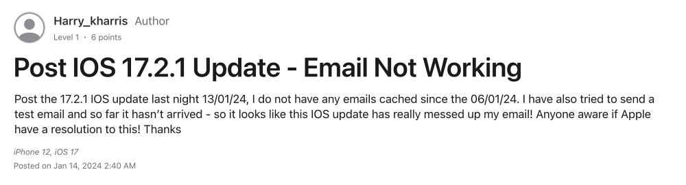 Email not working after iOS 17.2.1 Update on iPhone