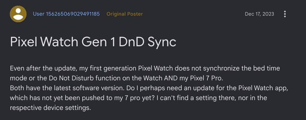 Pixel Watch 1 DND Bedtime mode sync not working