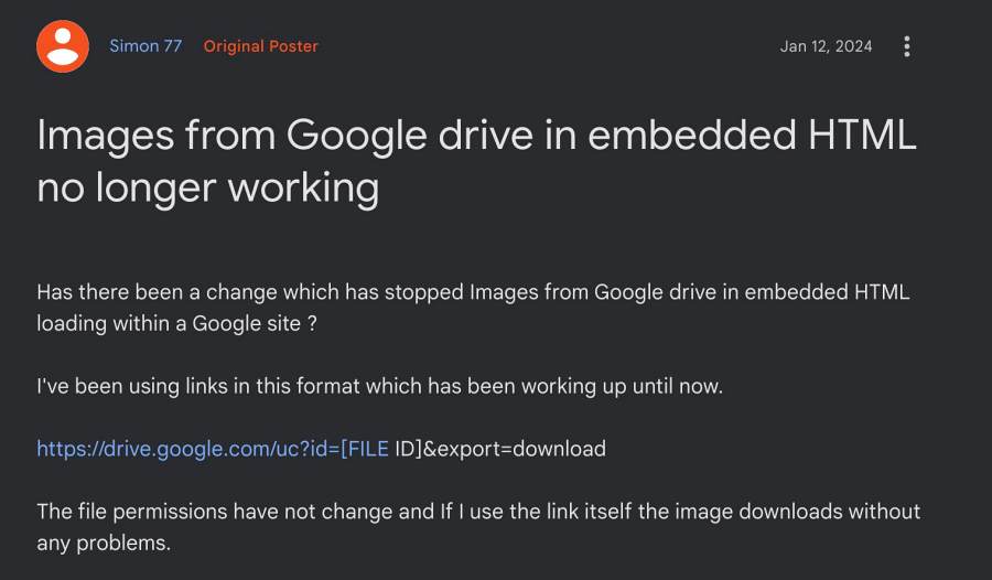 изображения, встроенный HTML-код Google Диска, не работает