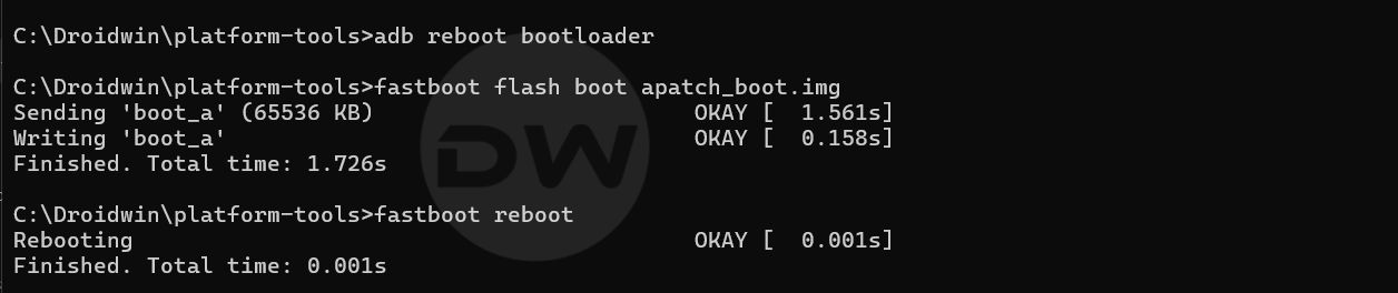 fastboot boot patched boot apatch