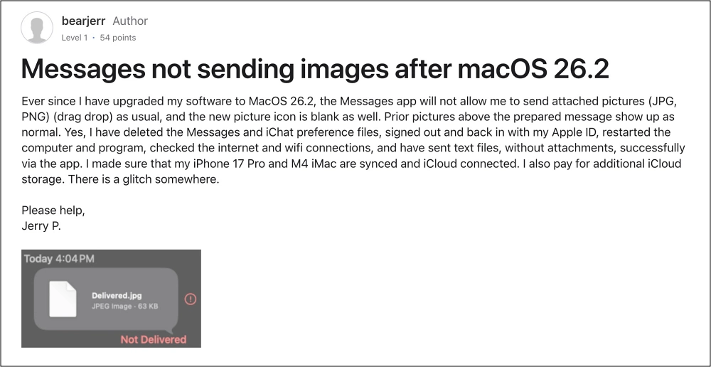 macOS 26.2 Messages Cannot Send Image via Drag and Drop - 1